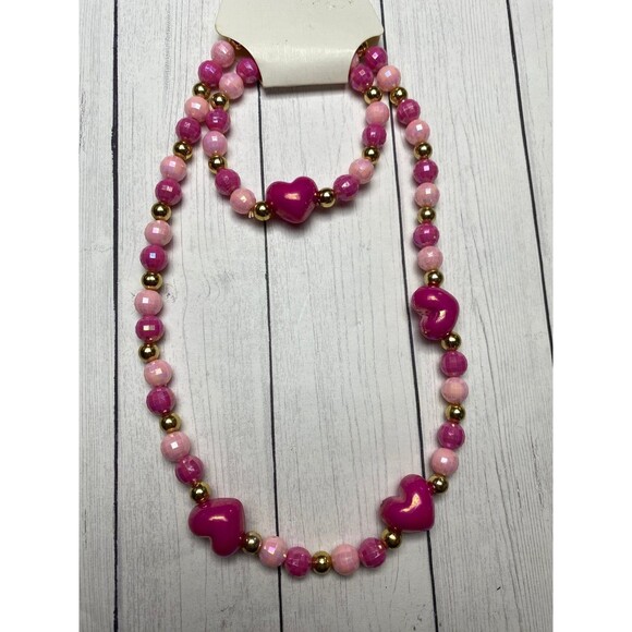 Little Ladies Pink Heart Necklace and Bracelet Set 2-Piece Fashion Jewelry - Picture 4 of 4